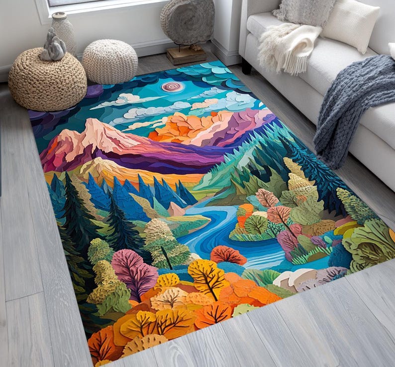 Modern living room rug, Print rug, Cute design rug, Pastel color rug, Handmade chenille rug, Home entrance rug, Anti-slip washable rug, 27