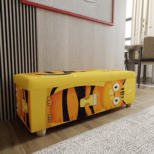 Yellow Cartoon Cat Trunk | Playroom Storage Box | Quirky Animal Pattern Shoe Bench