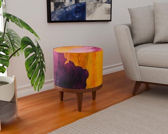 Orange lila Sitzbank, runder Fußhocker, Akzentstück, Nomadenbank, Nachttisch, Runder Couchtisch, Fußbank Wohnzimmer, pflegeleichter Sitzpouf