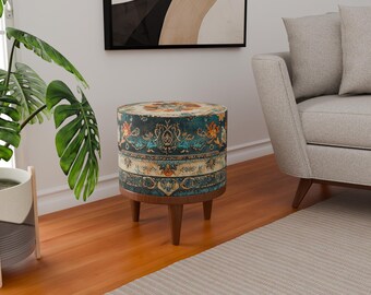Round Ottoman Bench: Oriental Patterned, Handmade - Durable Wood Frame