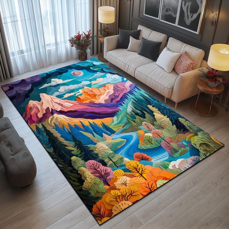Modern living room rug, Print rug, Cute design rug, Pastel color rug, Handmade chenille rug, Home entrance rug, Anti-slip washable rug, 27