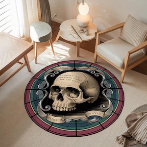 Memento Mori Skull Rug – Gothic Round Carpet with Vintage Skull Art – Macabre Decor for Dark Academia, Occult or Witchy Homes