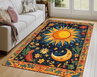 Celestial Sun Moon Rug | Navy Gold Washable Boho Floor Mat