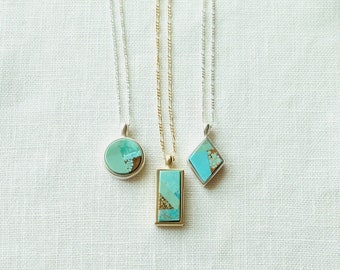 Mosaic Token Necklace Turquoise Variscite inlay stone diamond rectangle circle round gold silver