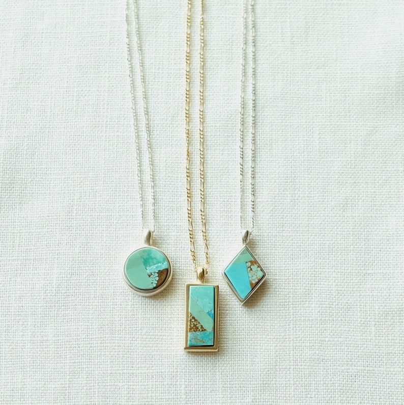 Mosaic Token Necklace Turquoise Variscite inlay stone diamond rectangle circle round gold silver image 1