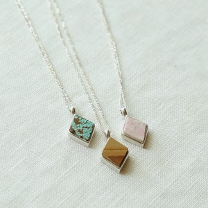Diamond Token Necklace Hand cut lapidary turquoise agate jasper rhodonite pink mosaic brown sunset image 1