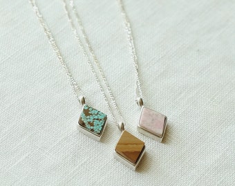 Diamond Token Necklace Hand cut lapidary turquoise agate jasper rhodonite pink mosaic brown sunset