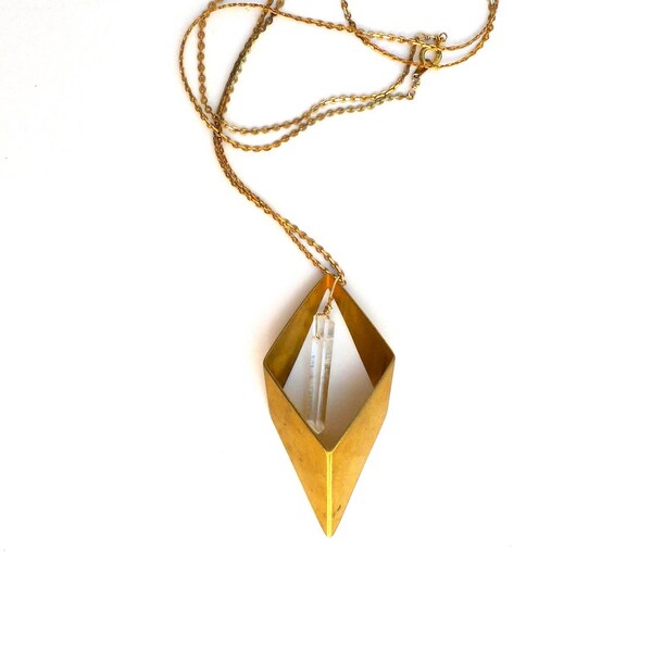 geometric brass rhombus with crystal point necklace