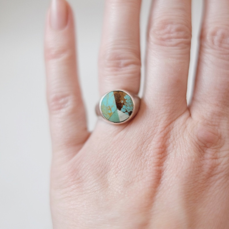 Peace Stone Signet Ring in Sterling Silver Turquoise Mosaic image 1