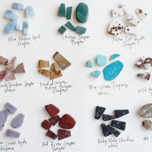 Puede incluir: Una colecci&oacute;n de doce grupos distintos de piedras preciosas pulidas dispuestas en una cuadr&iacute;cula. Cada grupo presenta colores y patrones &uacute;nicos, incluyendo &oacute;palo azul, jaspe verde, &aacute;gata moteada, jaspe rosa, jaspe marr&oacute;n, turquesa, magnesita, &aacute;gata morada, jaspe rojo, obsidiana negra y piedras veteadas de turquesa, con etiquetas manuscritas que identifican cada variedad y su origen.