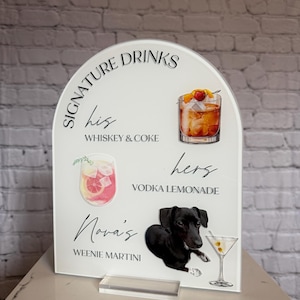 May include: A white acrylic sign with an arched top, displaying "SIGNATURE DRINKS." It details "his" Whiskey & Coke, "hers" Vodka Lemonade, and "Nova's" Weenie Martini, accompanied by drink illustrations and a black dog graphic.