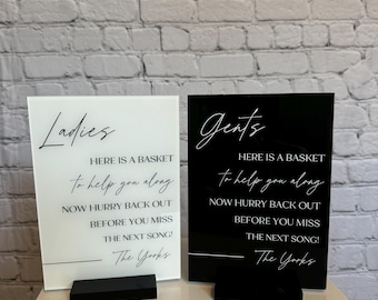 Acrylic wedding bathroom sign, wedding bathroom basket sign, freshen up bathroom sign, wedding ladies room toiletry basket, wedding signage