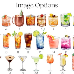 May include: Watercolor illustration of 23 different cocktails, each in a unique glass. The drinks feature various garnishes like cherries, citrus slices, and herbs. The text "Image Options" is at the top, with numbers below each drink.