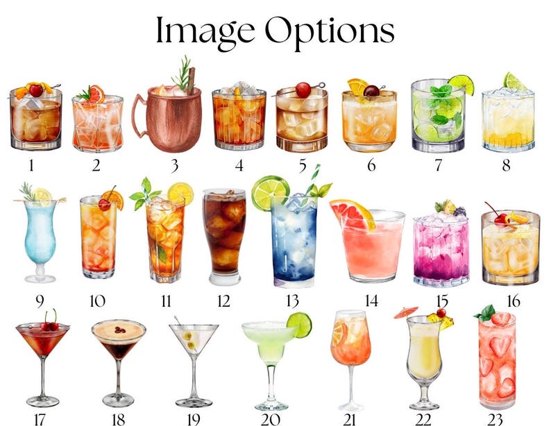 May include: Watercolor illustration of 23 different cocktails, each in a unique glass. The drinks feature various garnishes like cherries, citrus slices, and herbs. The text "Image Options" is at the top, with numbers below each drink.