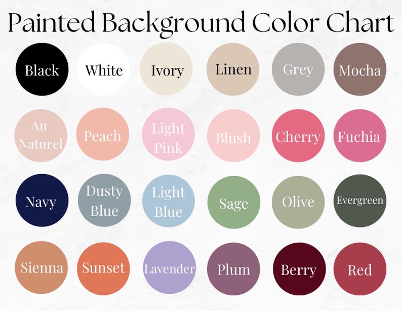 May include: A color chart titled "Painted Background Color Chart" displays a variety of paint colors in circular swatches. Colors include black, white, ivory, linen, grey, mocha, au naturel, peach, light pink, blush, cherry, fuchsia, navy, dusty blue, light blue, sage, olive, evergreen, sienna, sunset, lavender, plum, berry, and red.