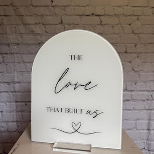 May include: White arched sign with the text "THE love THAT BUILT us" in black script. A heart graphic is below the text. The sign is displayed on a clear acrylic stand.