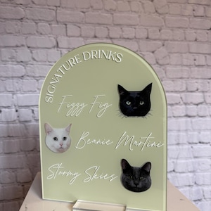 May include: A pale green acrylic drinks sign featuring the words "SIGNATURE DRINKS" and three drink names: "Fizzy Fig", "Beanie Martini", and "Stormy Skies". Each drink name is paired with a cat's face.