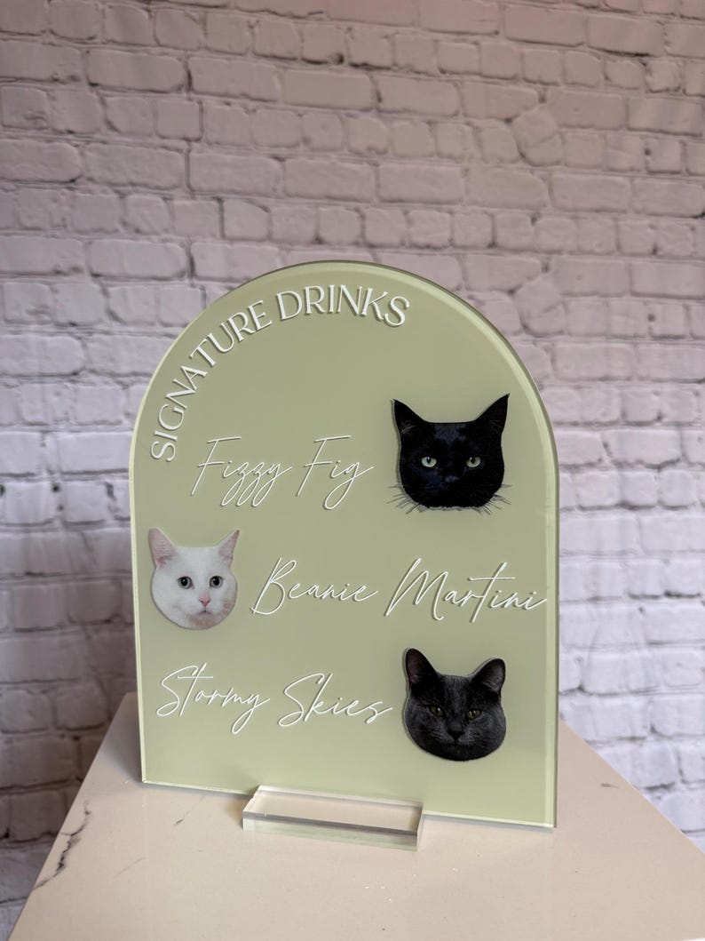 May include: A pale green acrylic drinks sign featuring the words "SIGNATURE DRINKS" and three drink names: "Fizzy Fig", "Beanie Martini", and "Stormy Skies". Each drink name is paired with a cat's face.