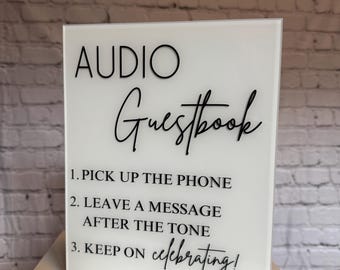 Audio guestbook sign, telephone guestbook sign, wedding audio guestbook, audio wedding sign, guestbook table sign, leave a message