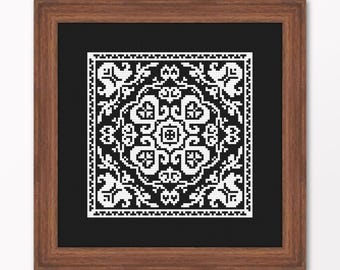 Vintage Sampler Design, Printable Cross Stitch Pattern, Antique Ornamental Xstitch Embroidery, Monochrome Square Tile