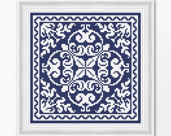 Small Square Sampler, Printable Cross Stitch Pattern, Vintage Ornamental Xstitch Embroidery, Antique Monochrome Design