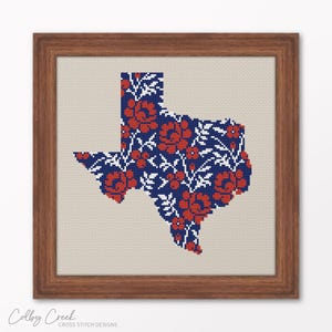 Texas Floral Silhouette Map, Printable Cross Stitch Pattern, Texan State Pride Wall Art, Unique Handmade Gift Idea