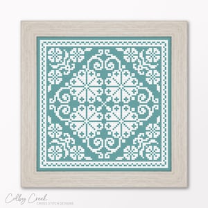 Muestrario de cuadrados primitivos, patrón de punto de cruz imprimible, diseño de bordado monocromático vintage, pequeño azulejo ornamental antiguo