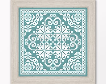 Primitive Square Sampler, Printable Cross Stitch Pattern, Vintage Monochrome Embroidery Design, Small Antique Ornamental Tile