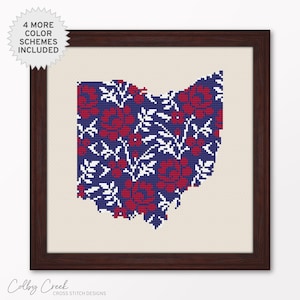 Mapa floral de Ohio, patrón de punto de cruz imprimible, diseño de bordado con el contorno del estado de Buckeye, regalo de inauguración de la casa