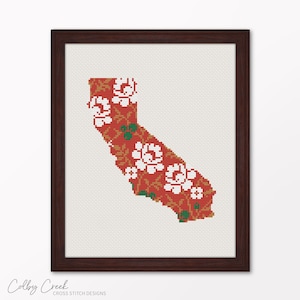 Kalifornien Blumen Silhouette Karte, druckbares Kreuzstichmuster, DIY Home State Pride Dekor, Wandkunst für Reisende