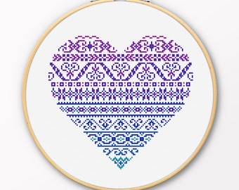 Colorful Heart Sampler, Printable Cross Stitch Pattern, Vintage Band Sampler Embroidery Chart, DIY Handmade Craft