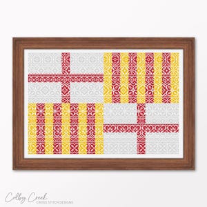 Barcelona Flagge, Kreuzstichmuster zum Ausdrucken, Band Sampler Xstitch Stickerei, Geschenkidee für die Wanddekoration