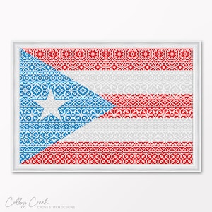 Puerto Rican Flag, Printable Cross Stitch Pattern, Folk Art Band Sampler Embroidery, Large Xstitch Wall Hanging