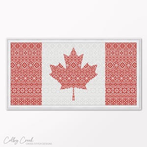 Padrão de ponto cruz para impressão da bandeira do Canadá, design de amostra de borda vintage, decoração de parede rústica exclusiva faça você mesmo, PDF para download