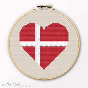 Denmark Flag Heart, Printable Cross Stitch Pattern, Cute Danish Home Decor, Easy Design for Beginners