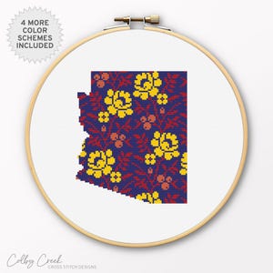 Mapa floral de Arizona, patrón de punto de cruz imprimible, diseño de orgullo estatal, regalo único DIY para viajeros