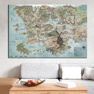 Arte em tela do mapa de Forgotten Realms - Arte de parede de Faerun de Dungeons & Dragons - Decoração de parede do mapa de Faerun - Mapa DD - Impressão em tela do mapa do jogo - Arte para presente