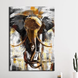 Toile d&#39;art femme africaine et éléphant - Décoration murale ethnique