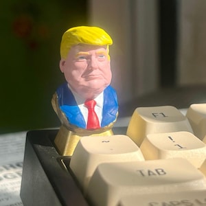 May include: A small plastic figurine of a person with yellow hair, wearing a blue suit with a red tie. The figurine is sitting on a keyboard with the keys labeled "F1", "!" and "TAB".