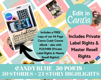 PLR/MRR 124 Instagram Canva Editable Posts Stories Highlights Candy Blue | Free Canva Course Guide