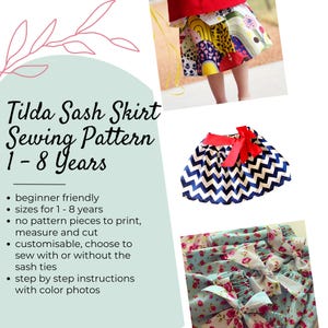 Tilda Sash Skirt, girls skirt sewing pattern, PDF Sewing Pattern, Girls sizes 1 to 8 Years, instant download, simple beginner sewing pattern