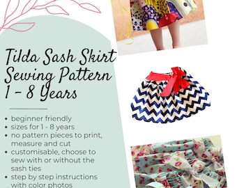 Girls Sash Skirt Sewing Pattern: Beginner Friendly, Sizes 1-8 Years (PDF Pattern)