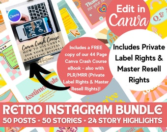 PLR/MRR 124 Instagram Canva Editable Posts Stories Highlights Retro Vibes | Free Canva Course Guide