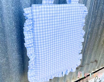 Blue Gingham Ruffle Tote Bag | Striped Lining | Padded Exterior | Interior Pockets | Australian Handmade