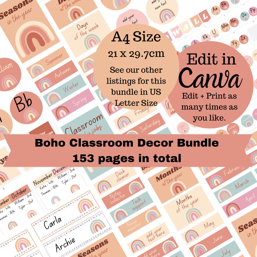 Boho Rainbow Classroom Decor Bundle Canva Editable Templates - Etsy ...