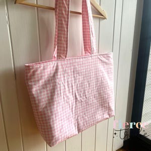 Zippered Tote Bag | Pink Gingham | Padded Handles + Exterior | Interior Zip Pocket Plus Two Large Pockets