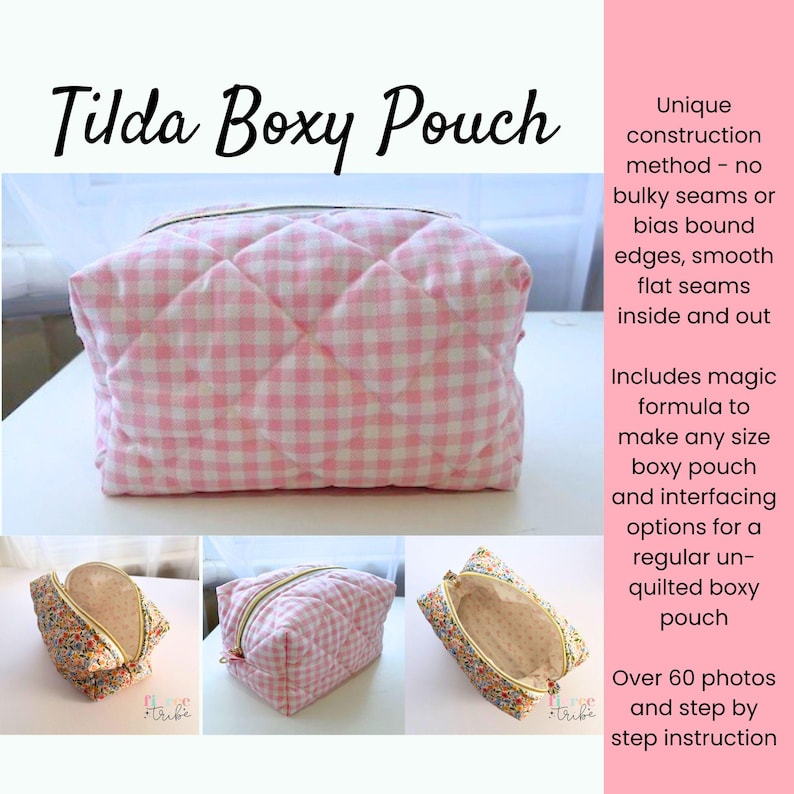 May include: Pink and white gingham fabric boxy pouch with a zipper closure. The pouch is quilted and has a unique construction method. The image includes instructions for making the pouch.