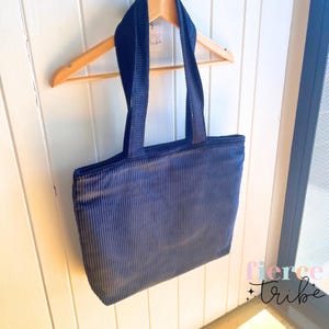Zippered Navy Corduroy Tote Bag | Padded Handles + Exterior | Interior Zip Pocket Plus Two Open Interior Pockets