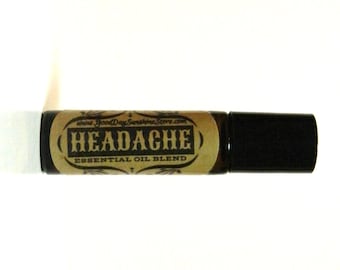 May include: A brown glass roller bottle with a gold label that reads "HEADACHE ESSENTIAL OIL BLEND" and "www.GoodDaySunshineStore.com".