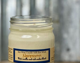 Amber Vanilla Scented Soy Candle: Nefertiti Mason Jar or Travel Tin
